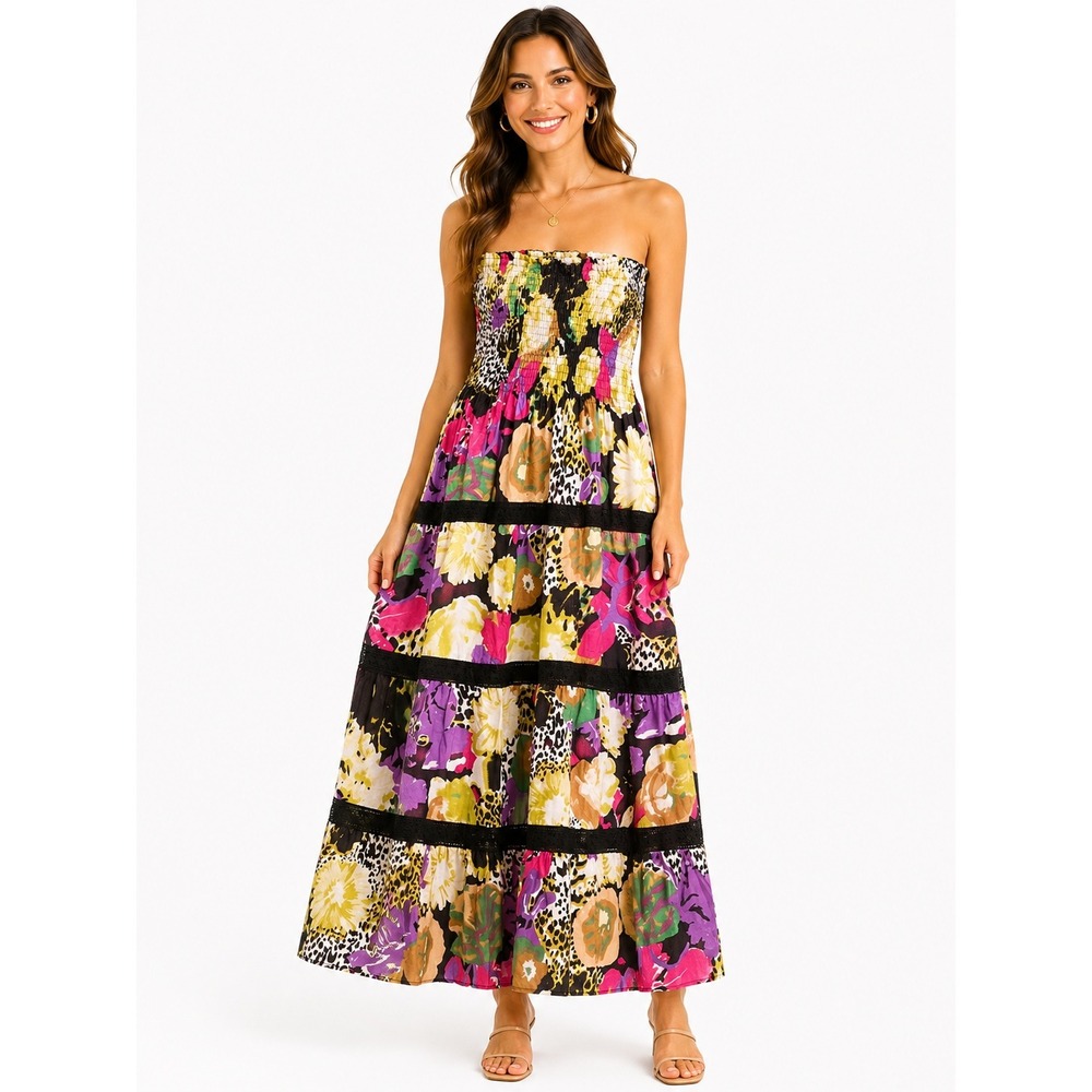 Speed Control Womens O/S  Smocked Strapless Maxi Dress Cotton Floral Animal XL